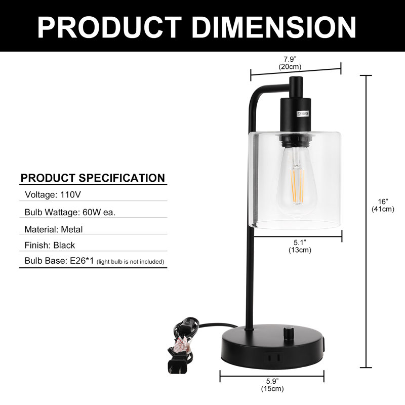 Ebern Designs Rontrell Industrial Table Lamp with 2 USB Charging Ports